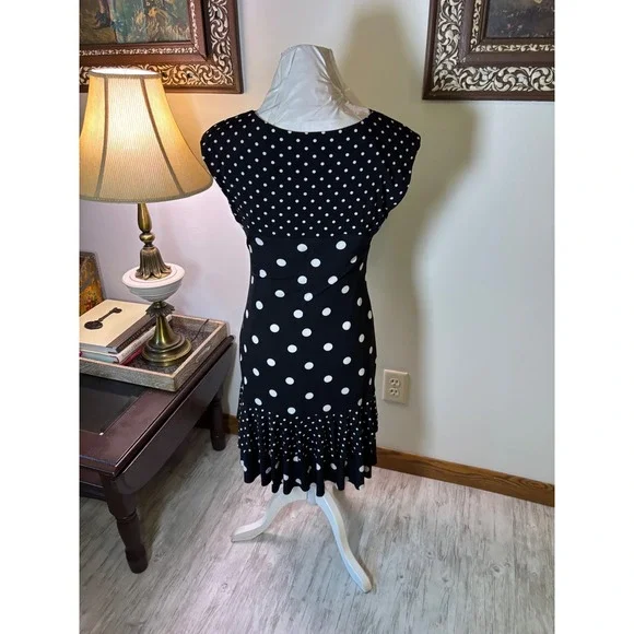 Designer Vintage 8 Black Polka Dot Dress Sleeveless Ruffle Frank Lyman dress - Picture 6 of 10